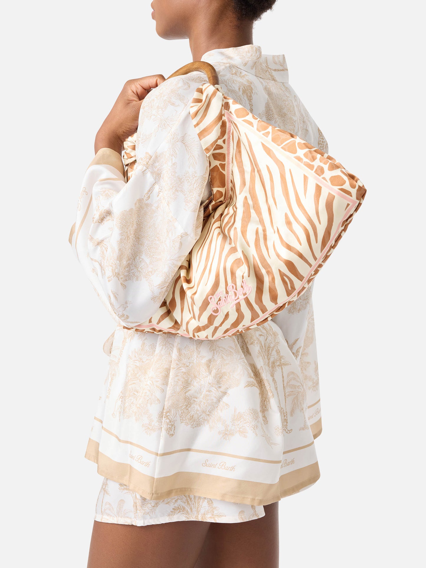 Foulard silk bag with wooden handle and animal print