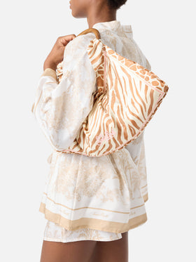 Foulard silk bag with wooden handle and animal print
