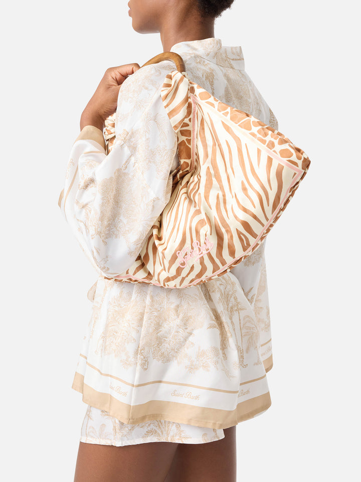 Foulard silk bag with wooden handle and animal print