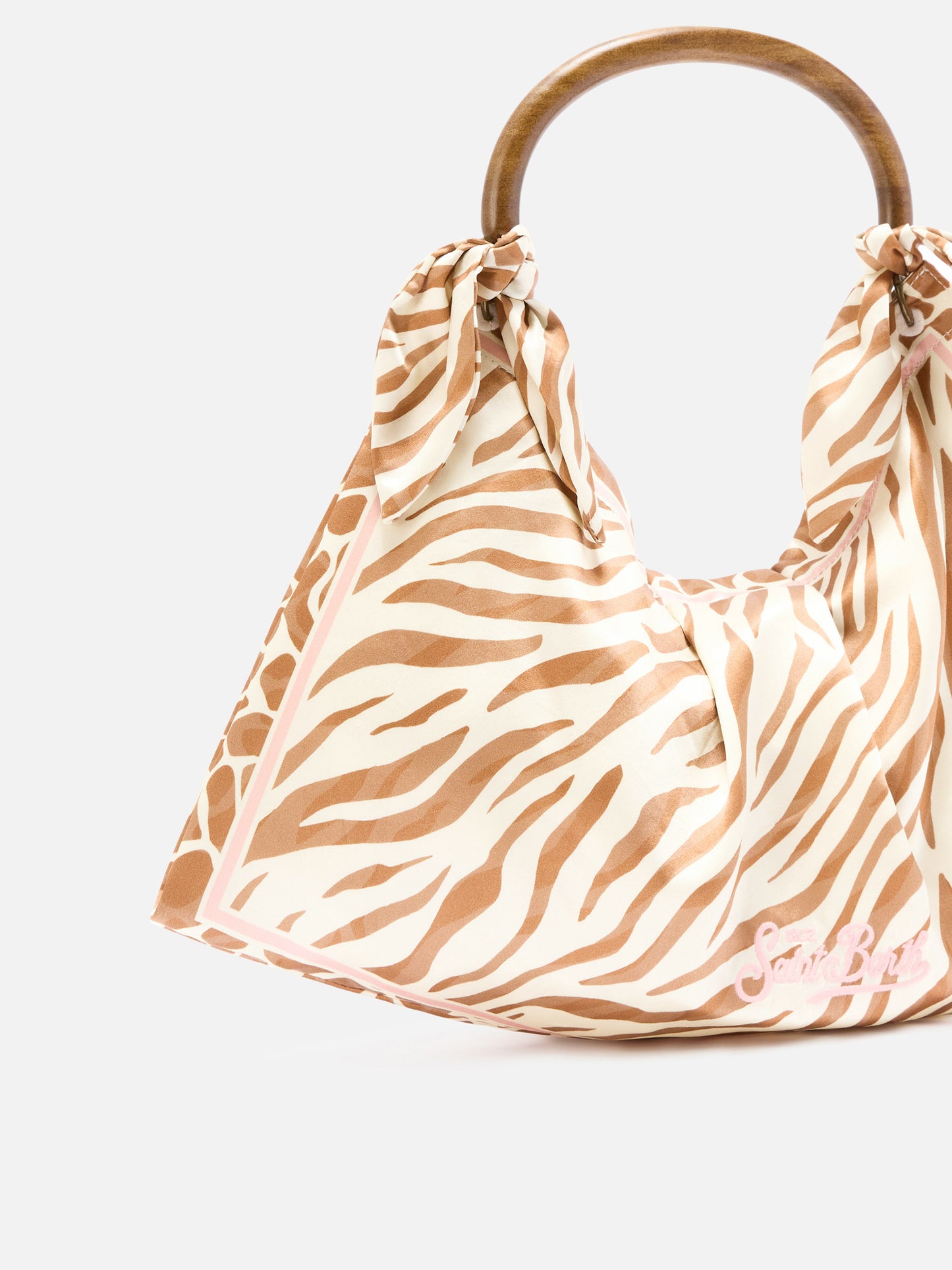 Foulard silk bag with wooden handle and animal print