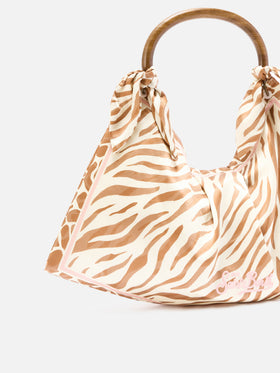 Foulard silk bag with wooden handle and animal print