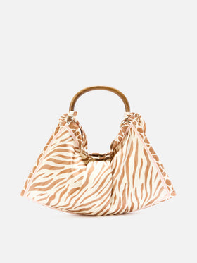 Foulard silk bag with wooden handle and animal print