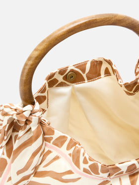 Foulard silk bag with wooden handle and animal print