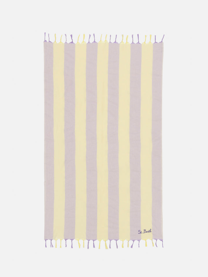 Telo mare leggero in cotone Fouta con stampa a righe lilla