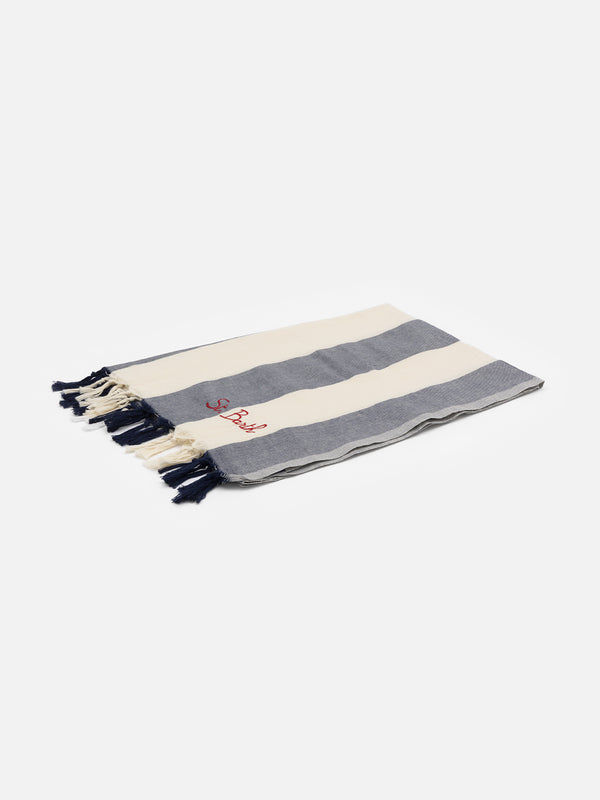 Light cotton beach towel Fouta with navy blue striped print