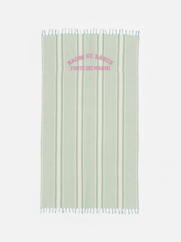 Light cotton beach towel Fouta with water green striped print and embroidery