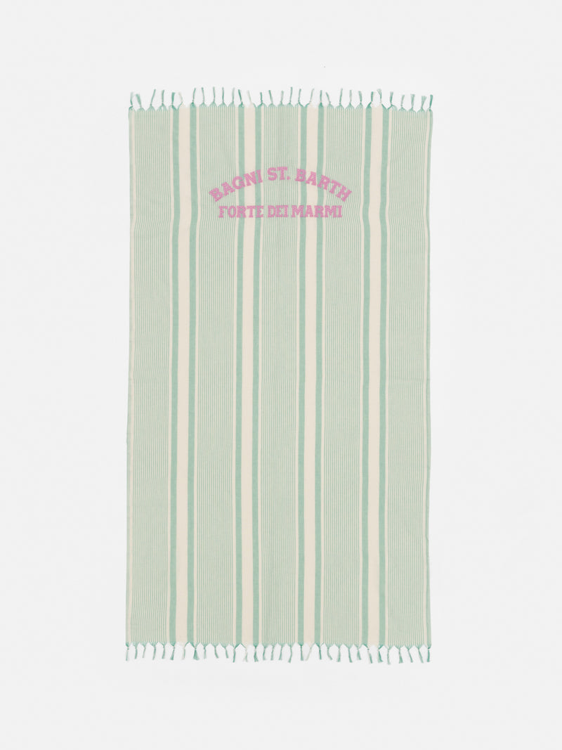 Light cotton beach towel Fouta with water green striped print and embroidery