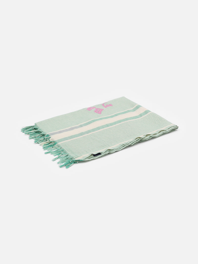 Light cotton beach towel Fouta with water green striped print and embroidery