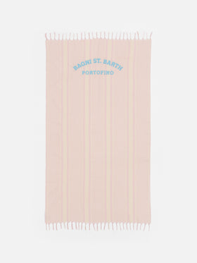 Telo mare in cotone leggero Fouta con stampa a righe rosa e ricamo