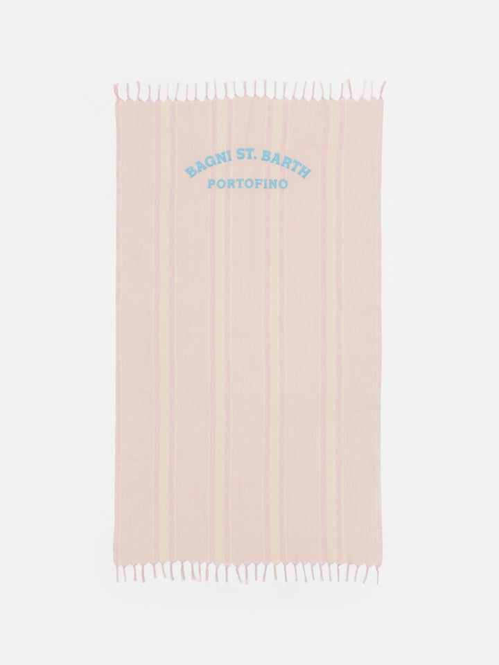 Telo mare in cotone leggero Fouta con stampa a righe rosa e ricamo