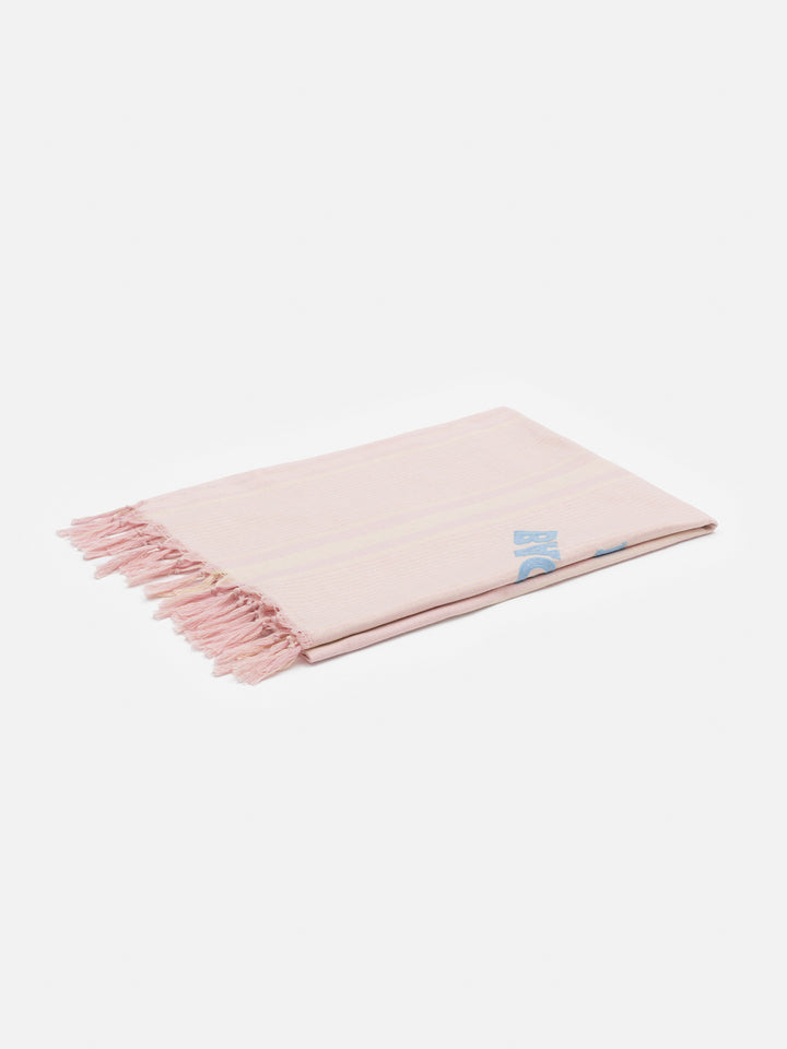 Telo mare in cotone leggero Fouta con stampa a righe rosa e ricamo