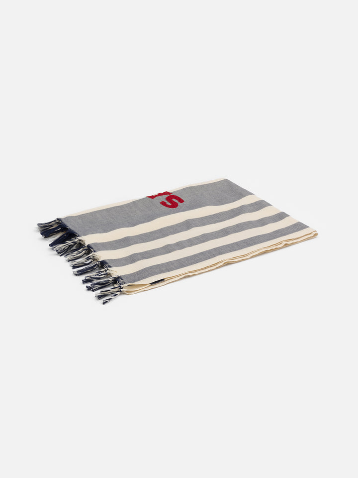 Telo mare Fouta in cotone leggero con stampa a righe blu navy e ricamo