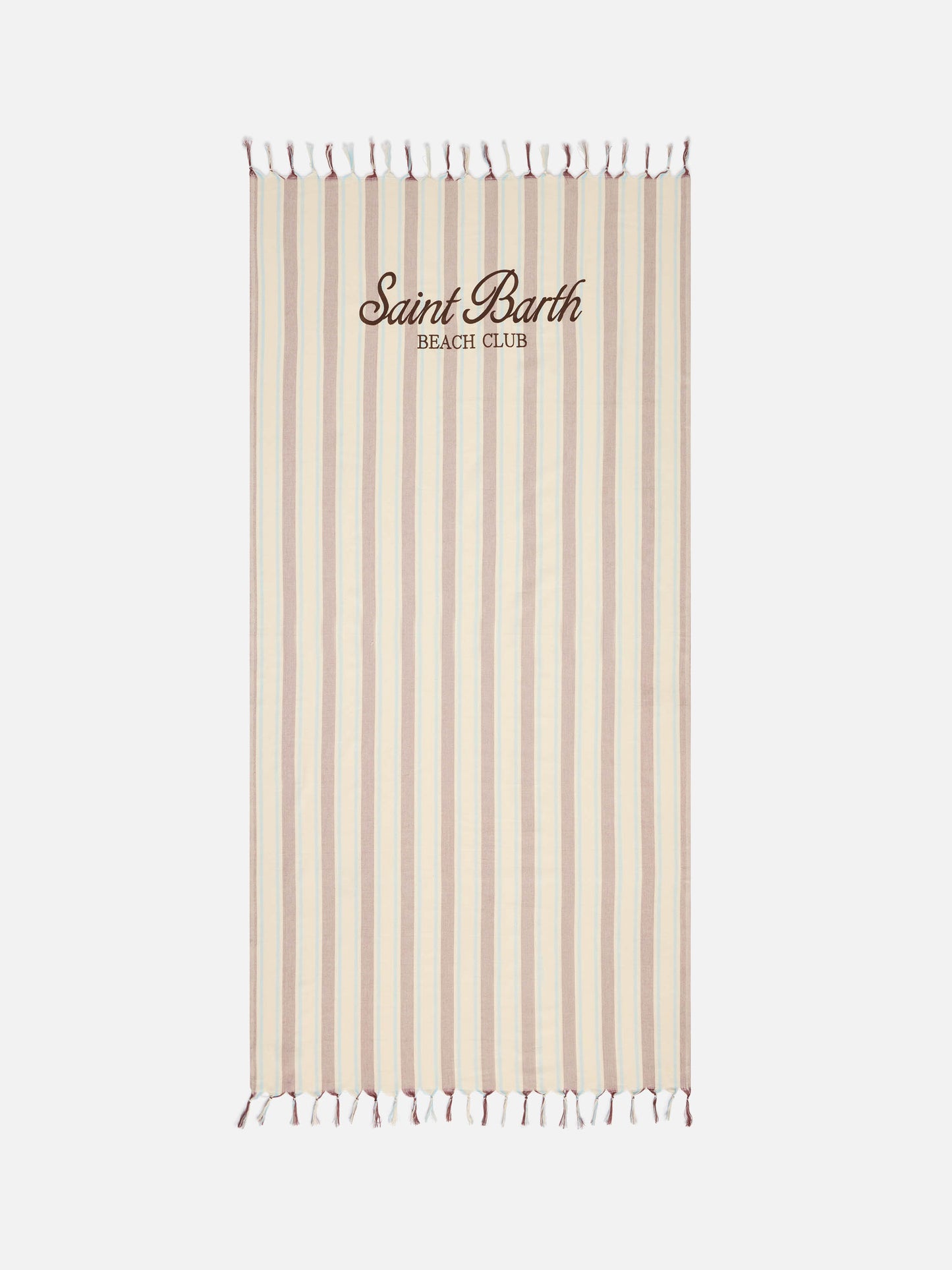Toalla de playa Foutas Lightbeach con rayas beige y azul claro y logo bordado 