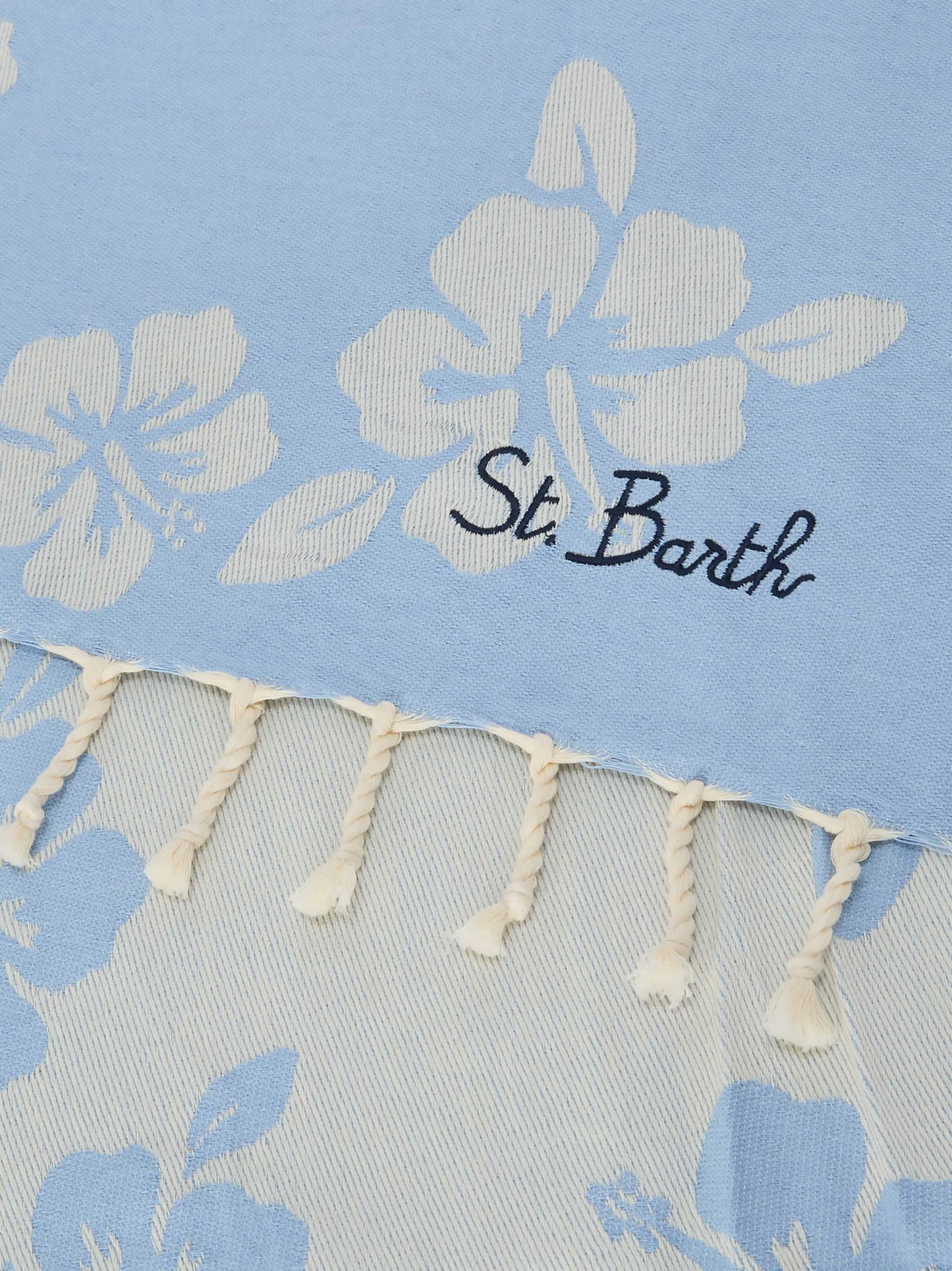 Foutas cotton Jaquard light blue beach towel with hibiscus pattern