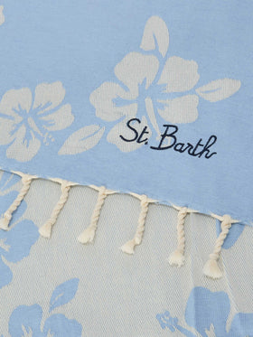 Foutas cotton Jaquard light blue beach towel with hibiscus pattern