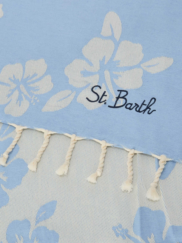 Foutas cotton Jaquard light blue beach towel with hibiscus pattern
