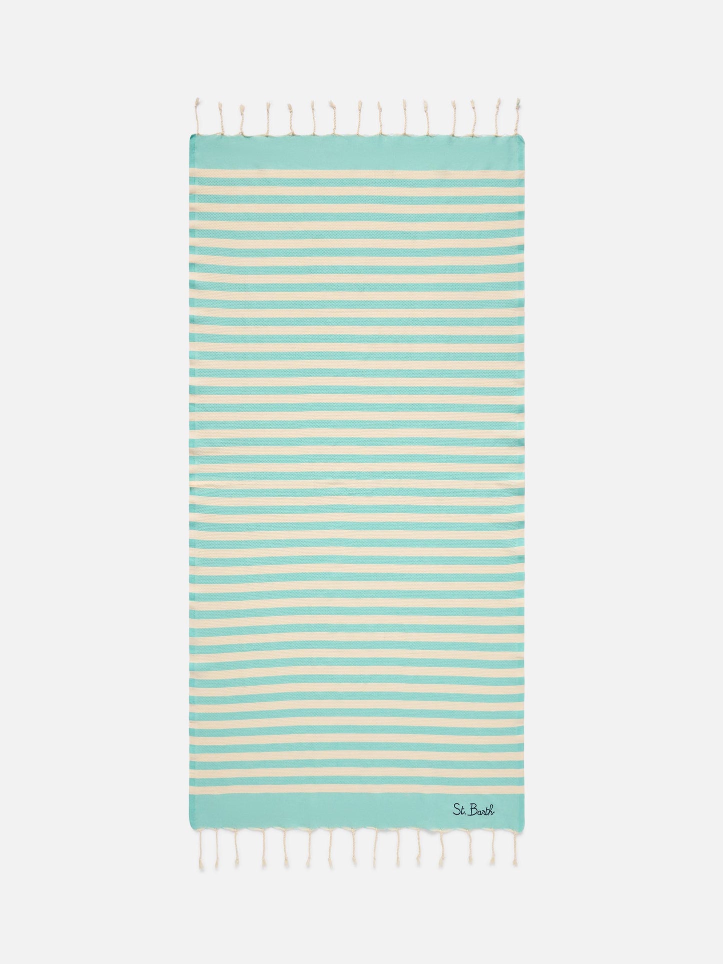 Foutas beach towel with aqua green and white stripes