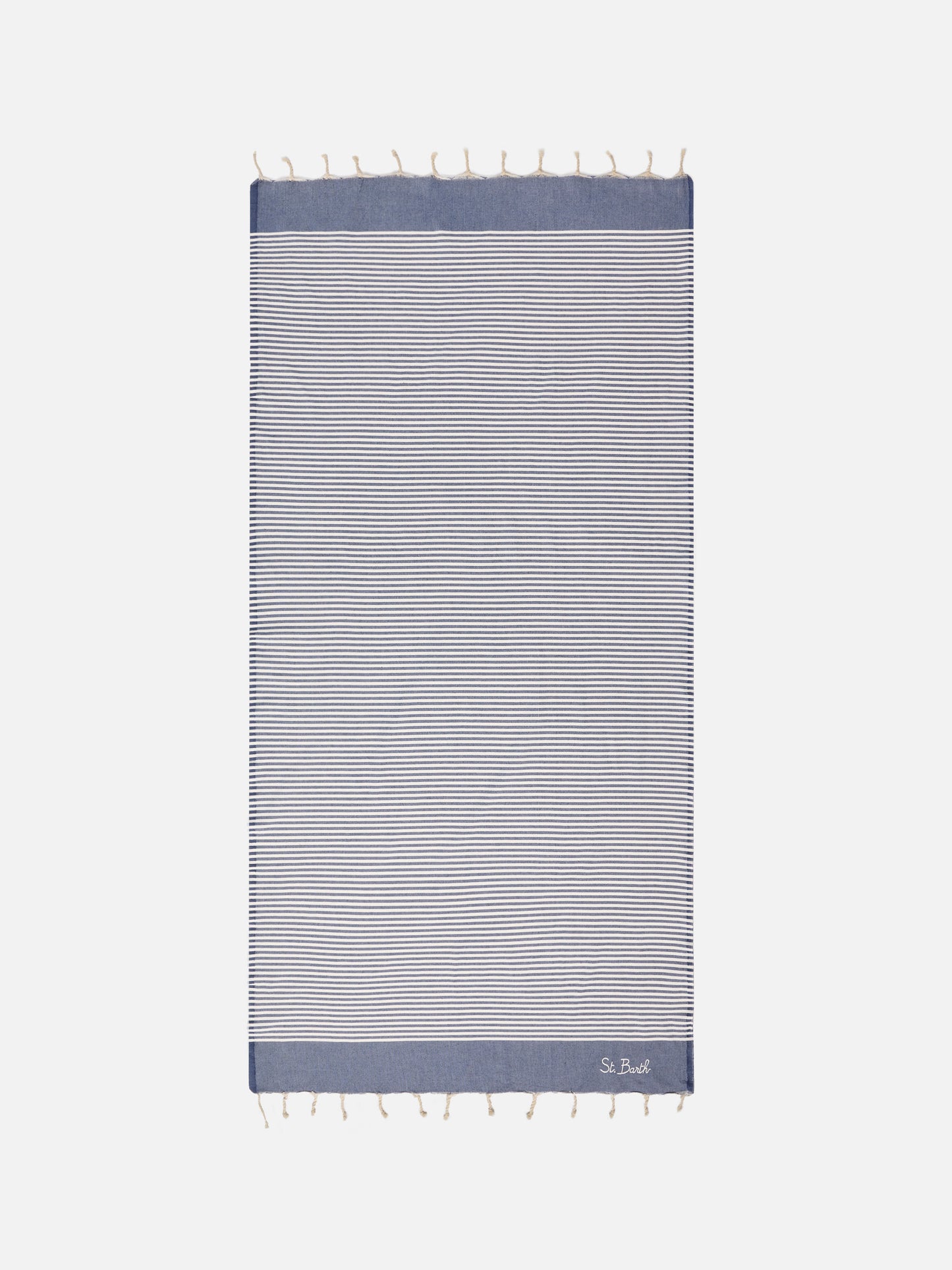 Foutas beach towel with small navy blue and white stripes