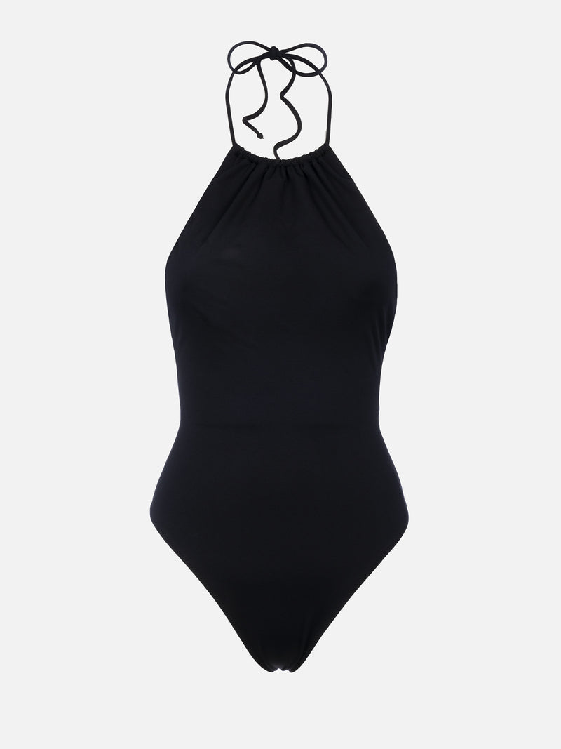 Woman black halter neck one piece swimsuit