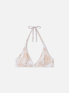 Gaia halter bikini top with toile de Jouy print