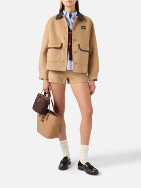 Beige Jacke aus Glacienne-Wollmischung mit Logo-Patch 