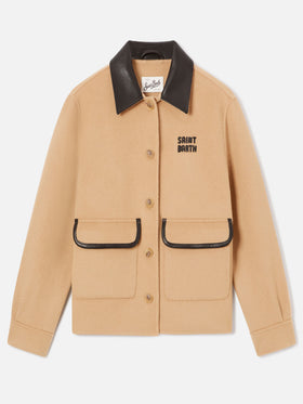 Beige Jacke aus Glacienne-Wollmischung mit Logo-Patch 