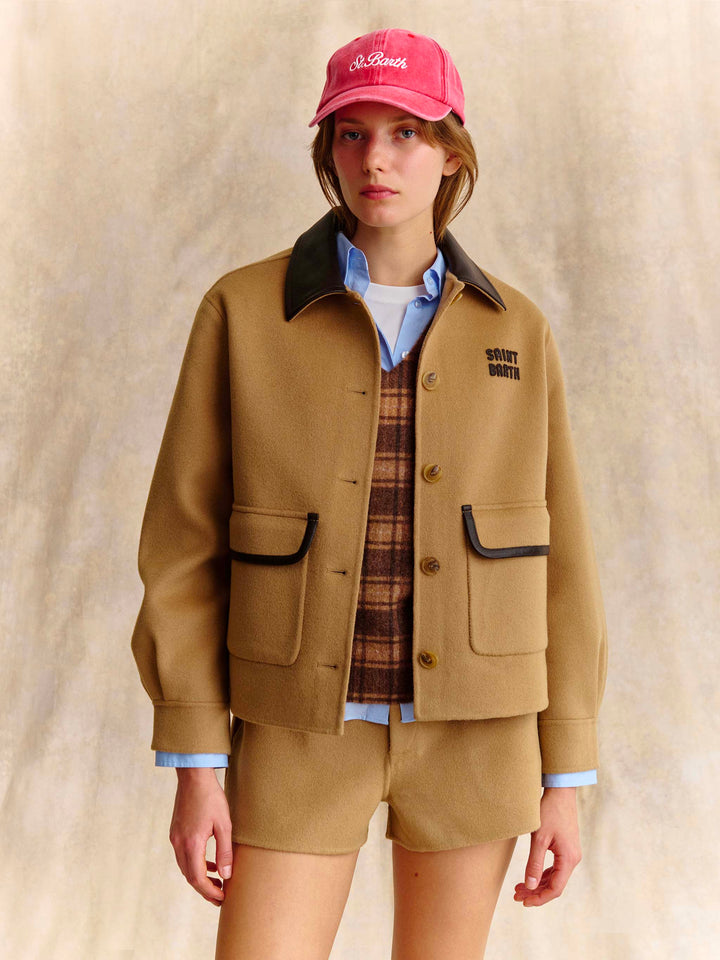 Beige Jacke aus Glacienne-Wollmischung mit Logo-Patch 