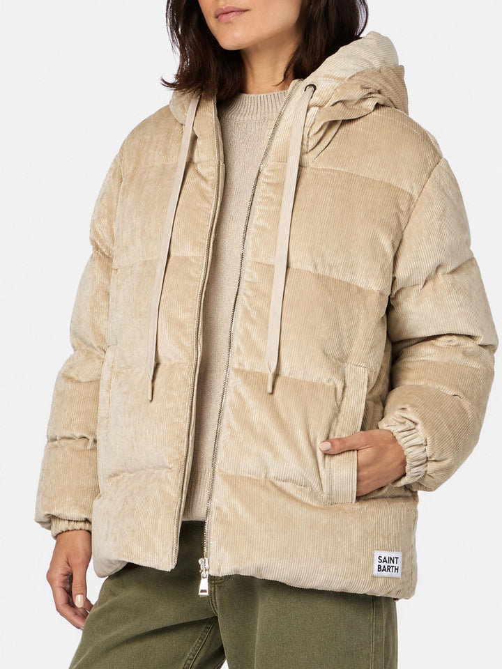 Geneve beige corduroy hooded down jacket
