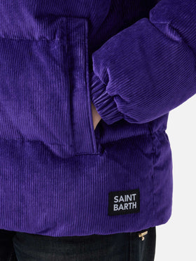 Woman purple corduroy down padded jacket with hoodie