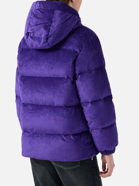 Woman purple corduroy down padded jacket with hoodie
