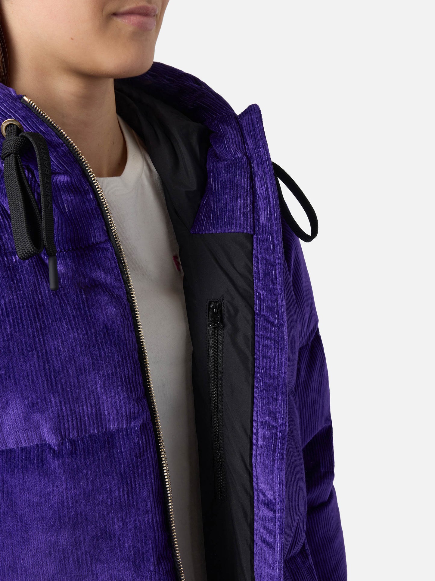 Woman purple corduroy down padded jacket with hoodie