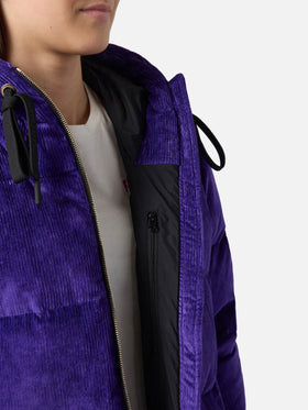 Woman purple corduroy down padded jacket with hoodie