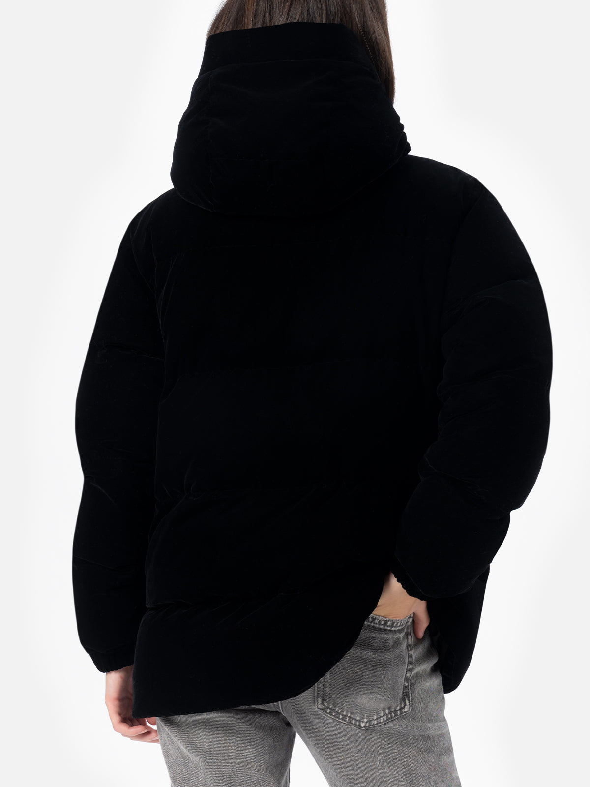 Giacca imbottita con cappuccio in velluto nero da donna