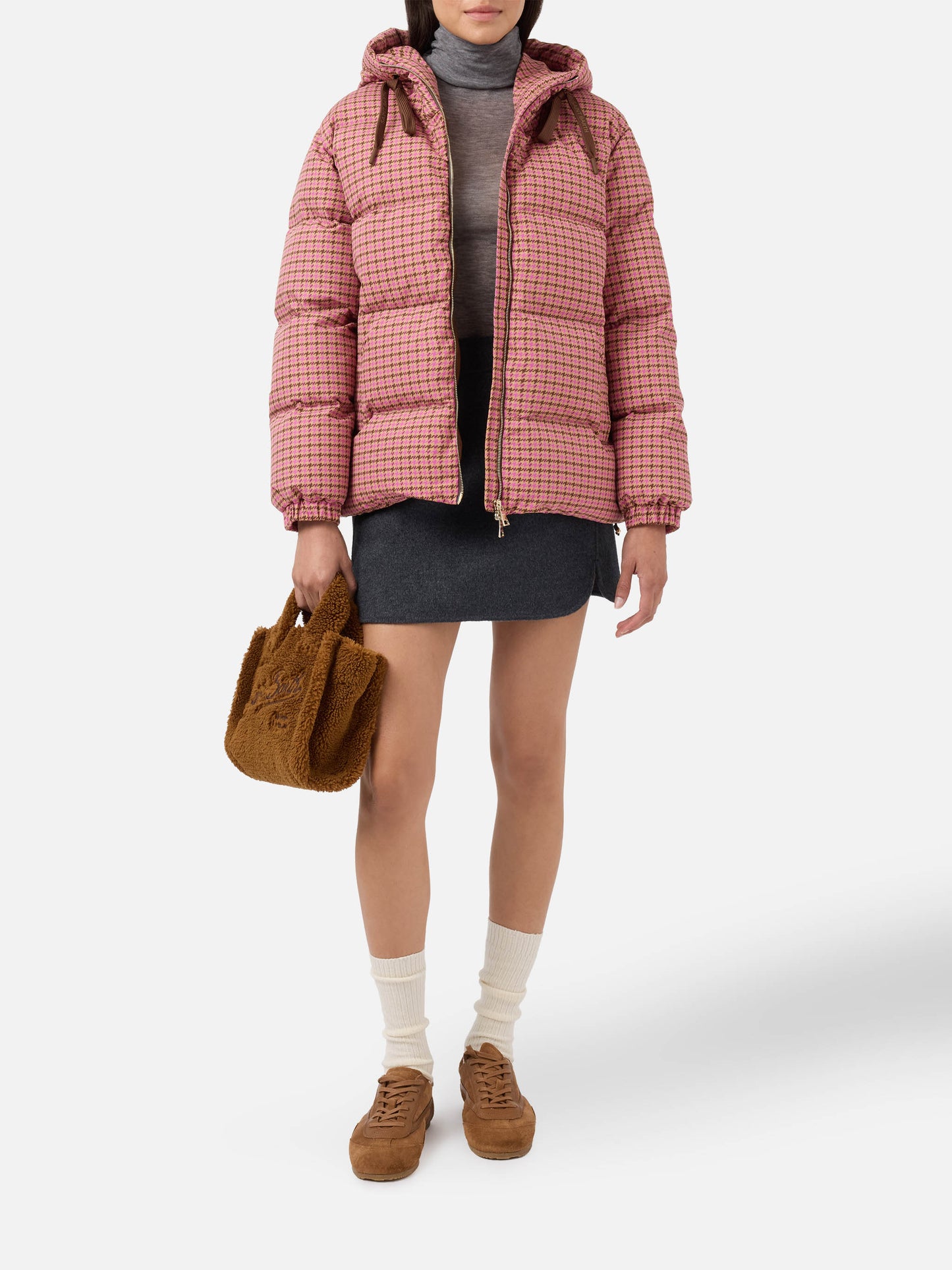 Daunenwattierte Jacke Geneve mit Kapuze und Hahnentritt-Muster