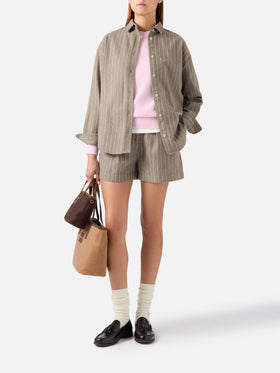 Camicia Gigy beige in flanella di misto lana gessata con logo in strass