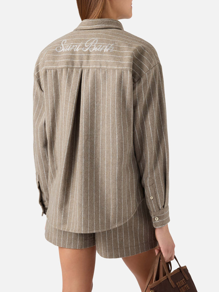 Camicia Gigy beige in flanella di misto lana gessata con logo in strass