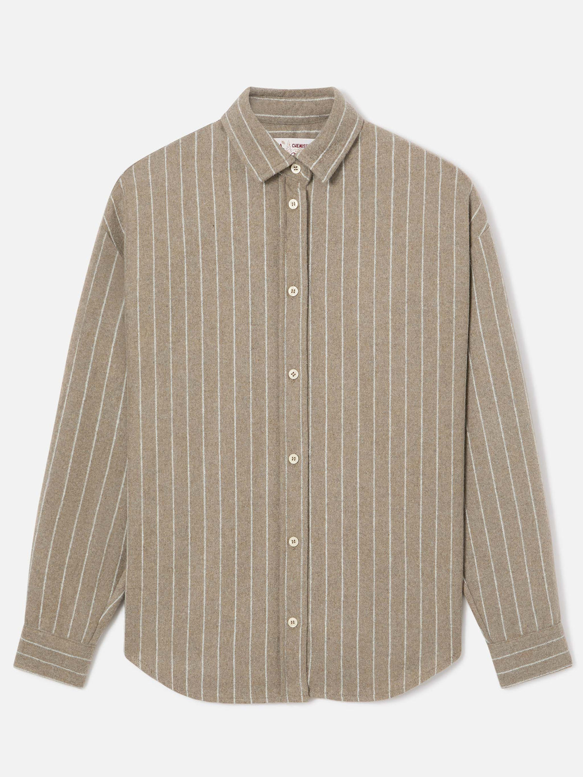 Beige Gigy wool blend flannel shirt with pinstripes and rhinestone logo