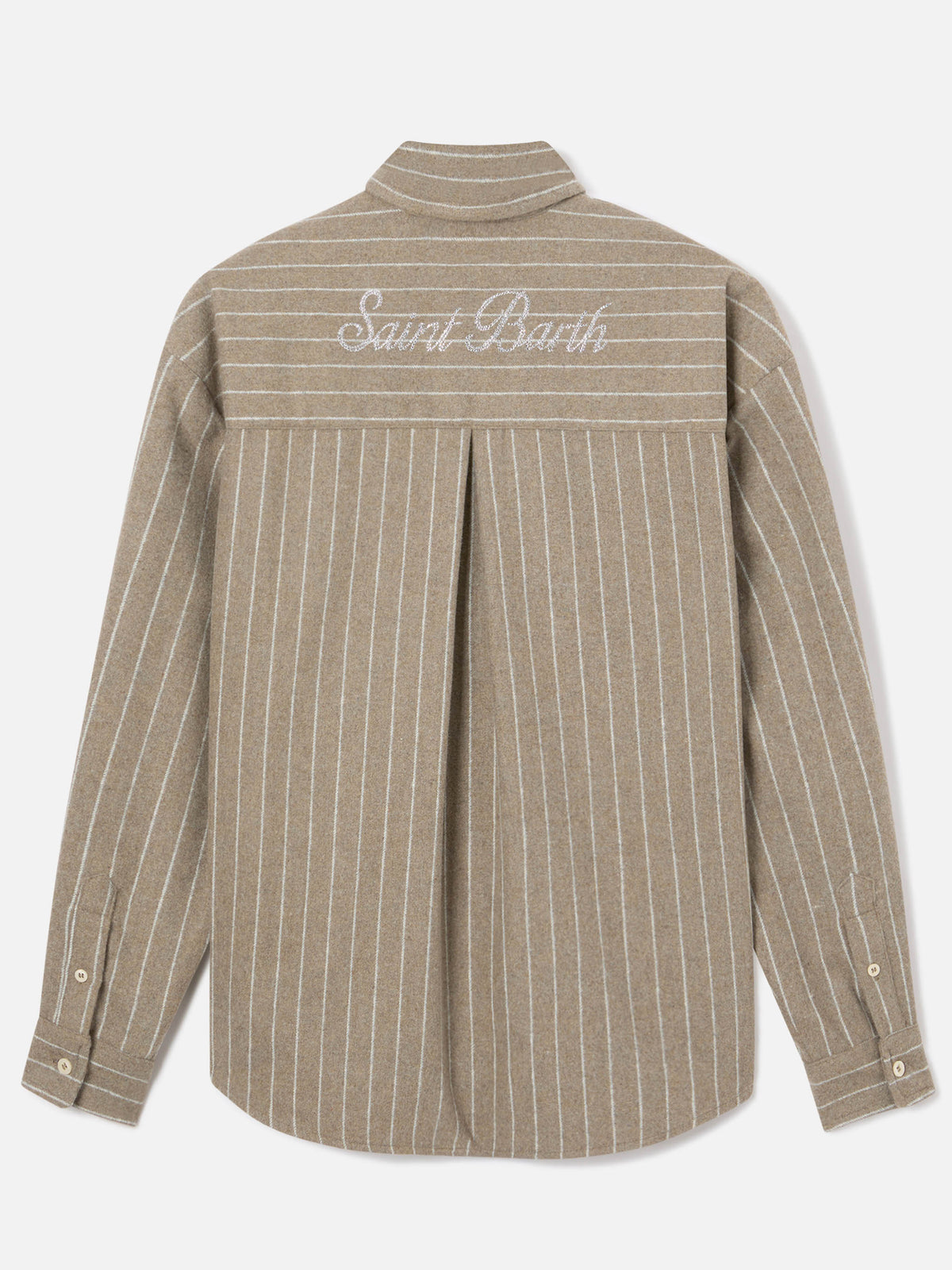 Beige Gigy wool blend flannel shirt with pinstripes and rhinestone logo