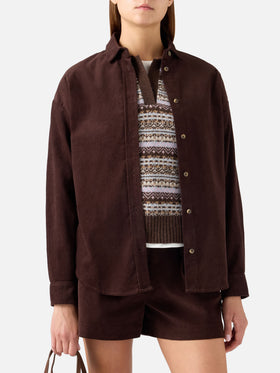 Chemise Gigy en velours côtelé de coton marron foncé avec logo en strass 