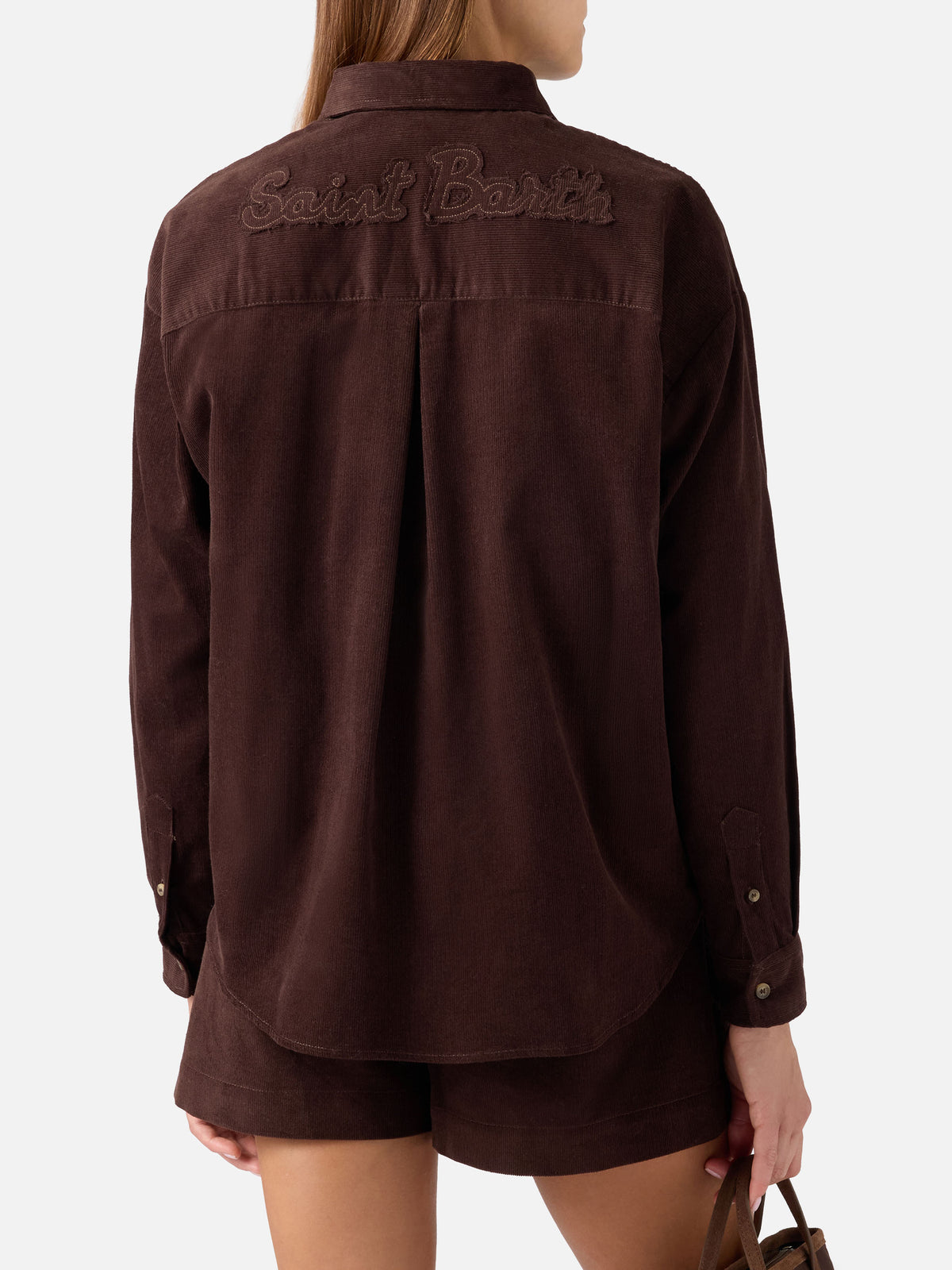 Chemise Gigy en velours côtelé de coton marron foncé avec logo en strass 