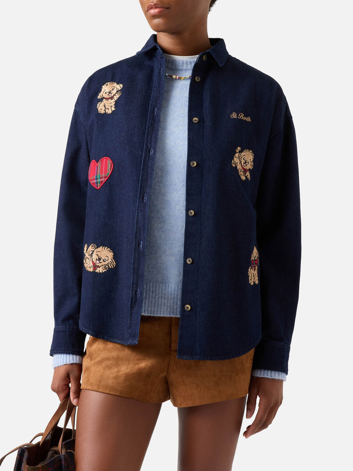 Blue Camisa Gigy de denim de algodón con bordado de caniche 