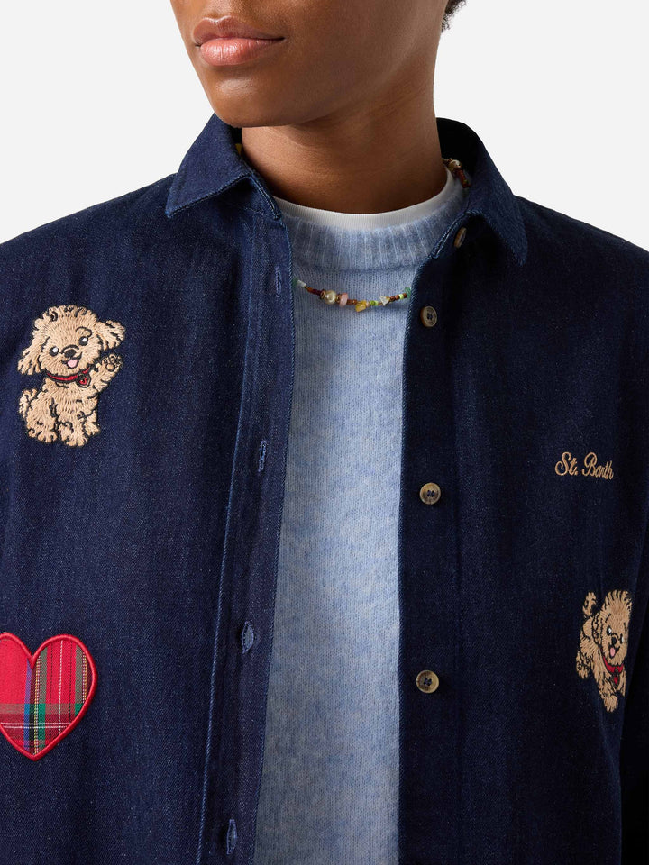 Blue Camisa Gigy de denim de algodón con bordado de caniche 