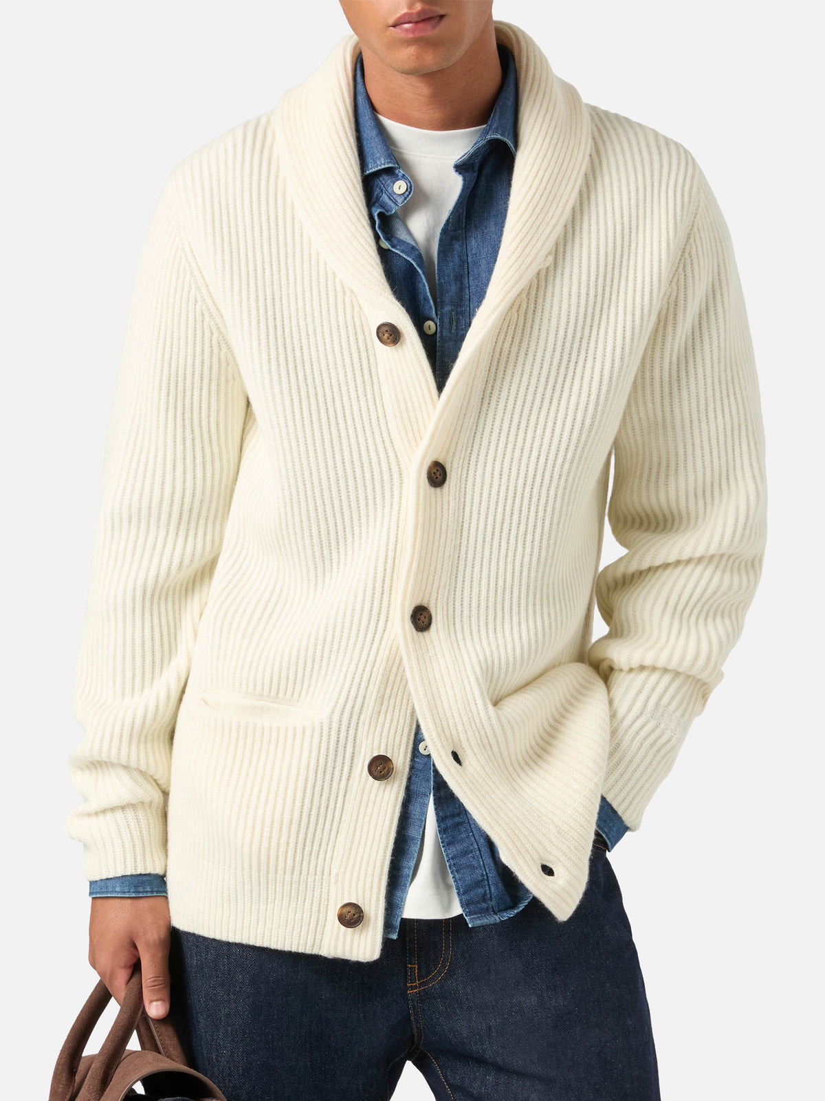 Cardigan Glasgow en laine off white avec col châle 