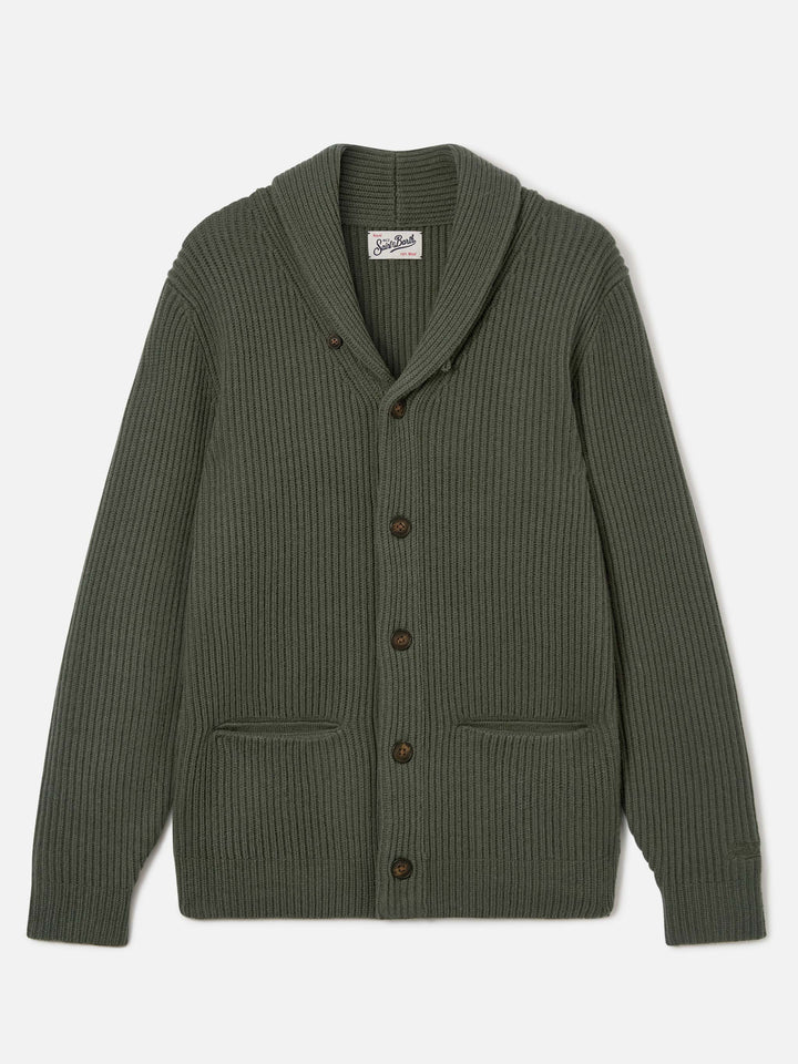 Cardigan Glasgow verde in lana con collo a scialle