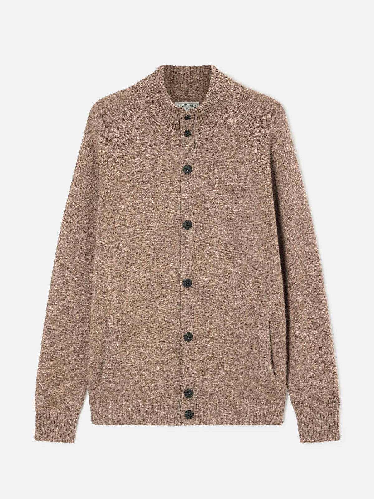 Cárdigan Galway de lana de cordero beige con cuello alto 
