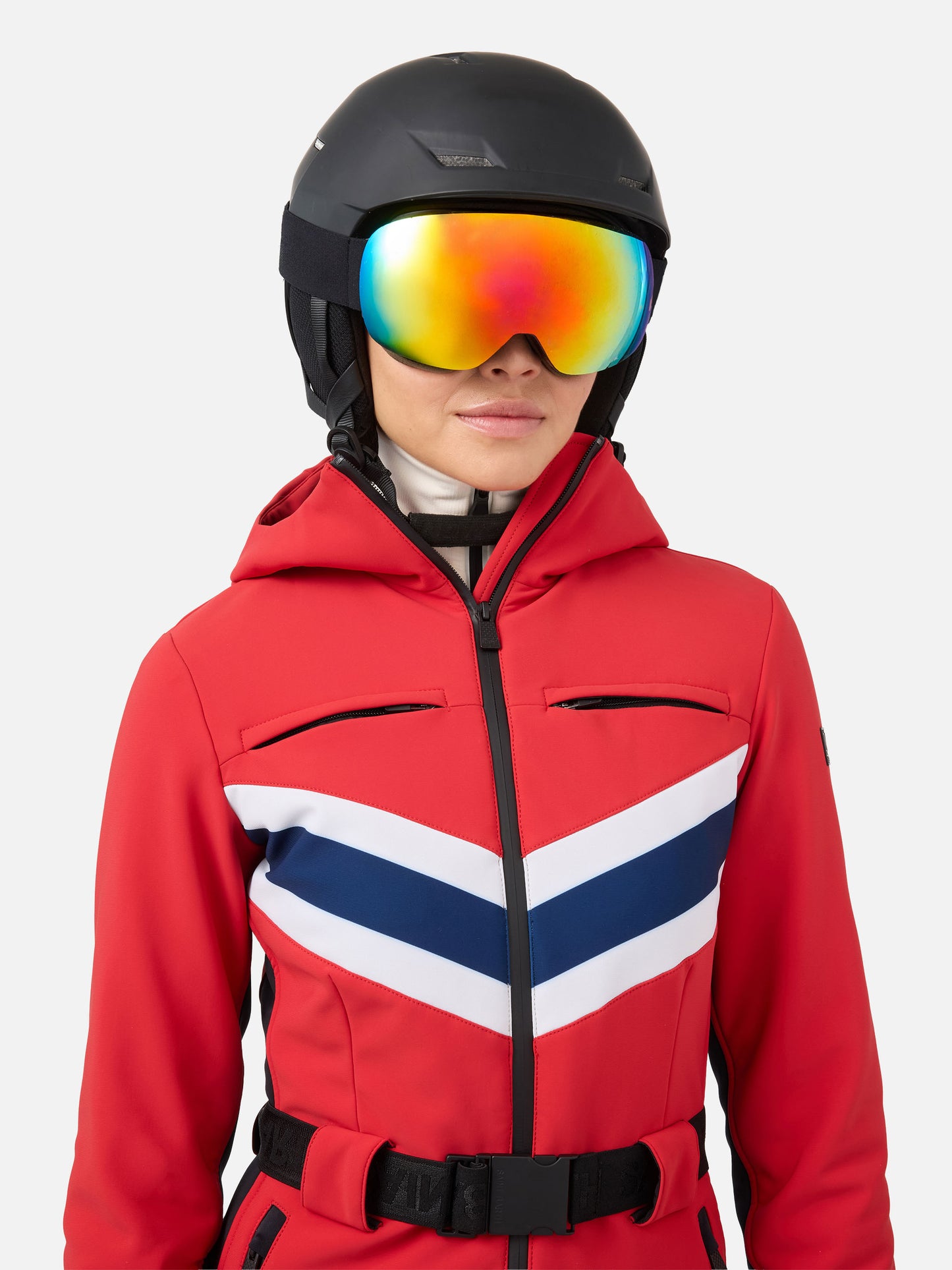 Woman red ski suit Garmisch with RECCO® technology