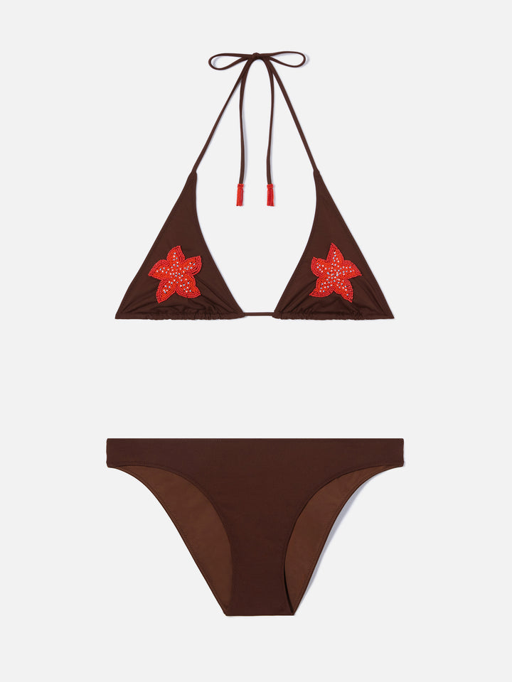 Bikini Guiana Maia marrone con stelle marine in perline