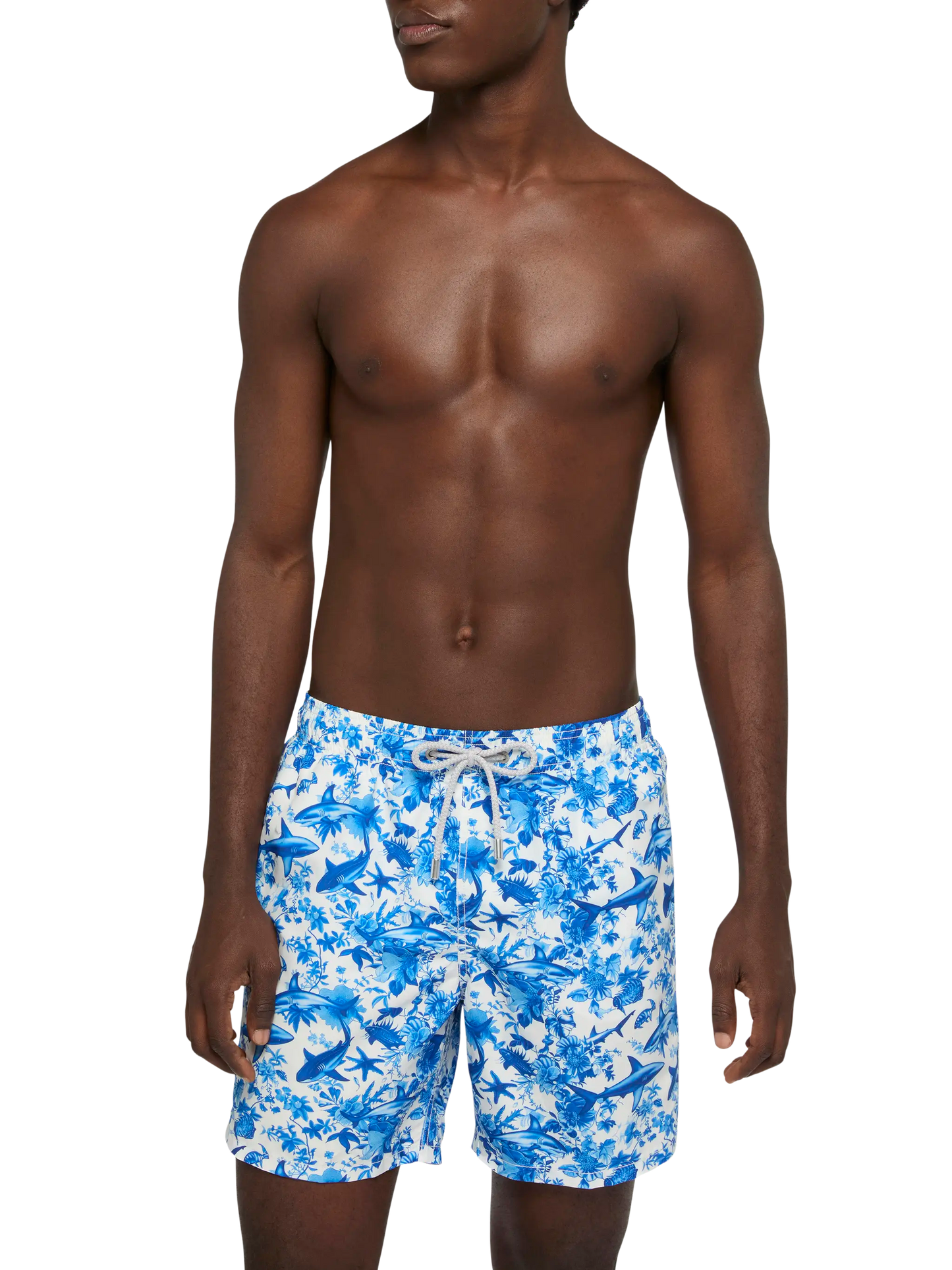 Mid-length Gustavia swim-shorts with shark print | AI CO-CREATED DESIGN BY RICKDICK - POWERED BY RED-EYE
