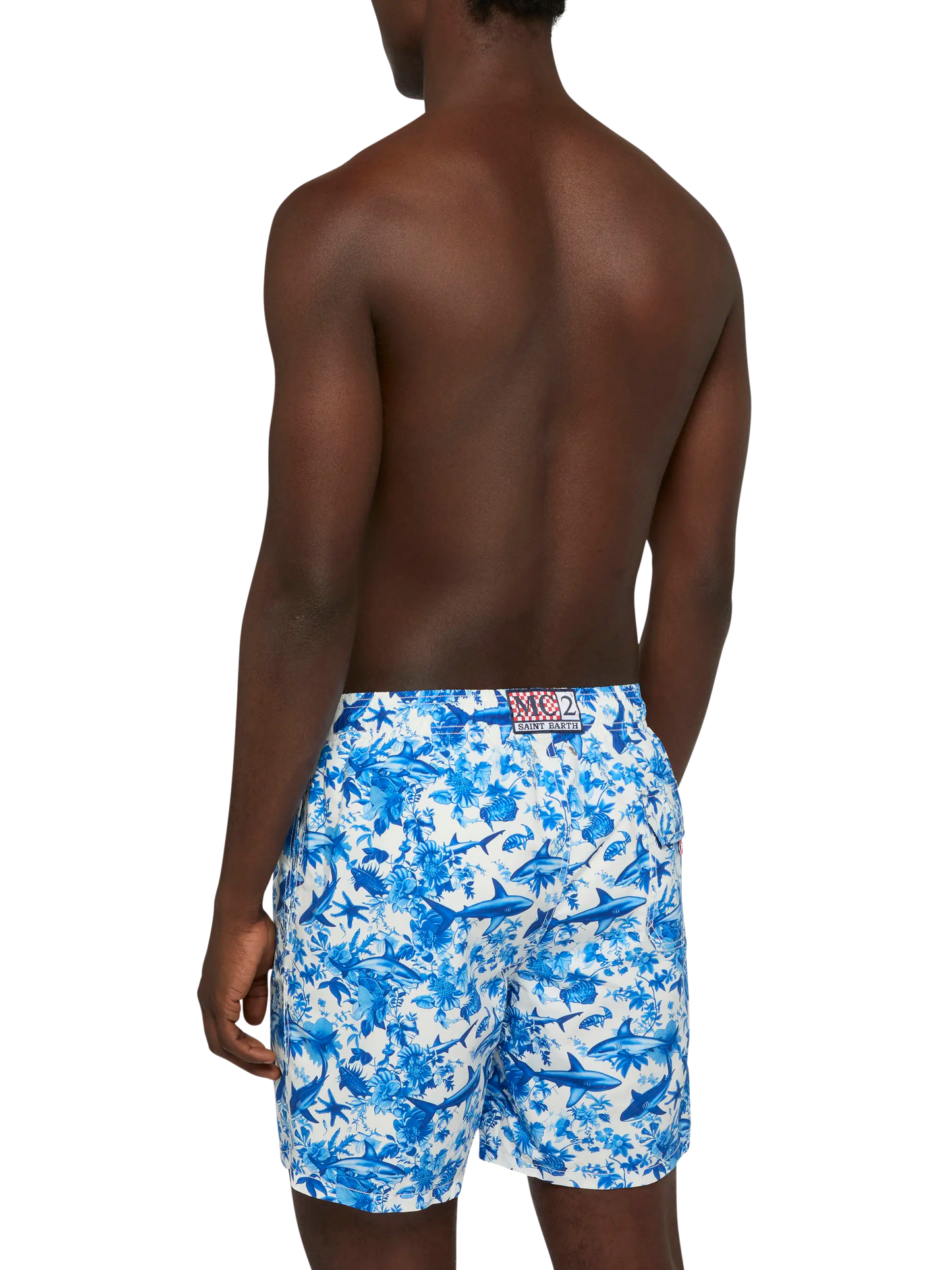 Mid-length Gustavia swim-shorts with shark print | AI CO-CREATED DESIGN BY RICKDICK - POWERED BY RED-EYE