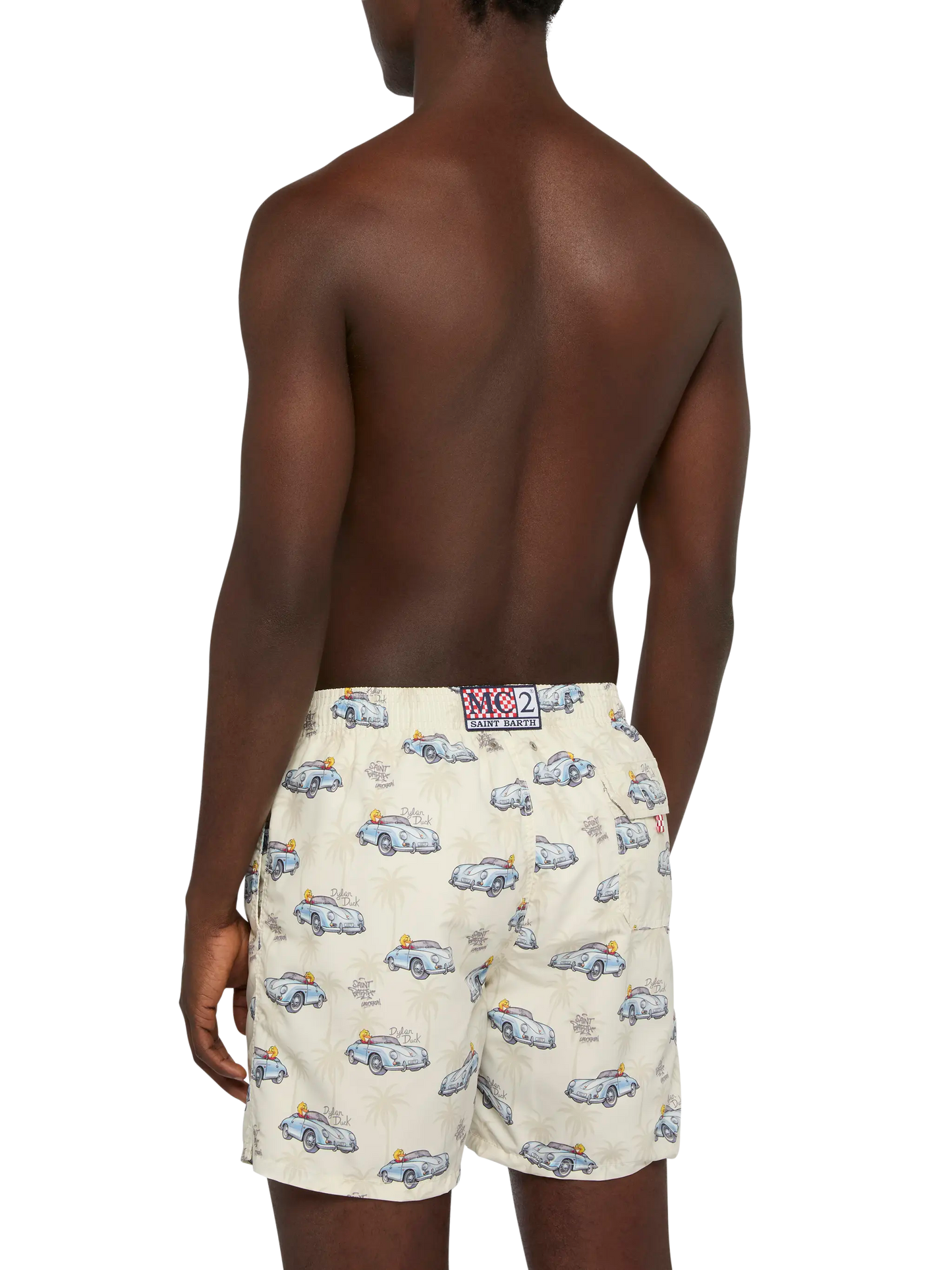 Mid-length Gustavia swim-shorts with ducky and car print |CRYPTOPUPPETS SPECIAL EDITION